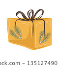 Christmas gift box in flat design. Holiday present with pine twigs with balls. Vector illustration isolated. 135127490