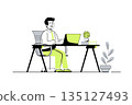 Children learn on computers web concept with flat cartoon people for website design. Boy watching video lessons or virtual class conference, doing homework online using laptop. Vector illustration. 135127493