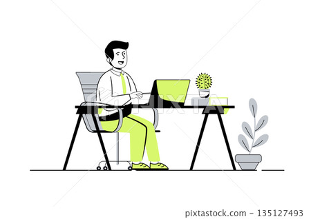 Children learn on computers web concept with flat cartoon people for website design. Boy watching video lessons or virtual class conference, doing homework online using laptop. Vector illustration. Children learn on computers web concept with flat cartoon people for website design. Boy watching video lessons or virtual class conference, doing homework online using laptop. Vector illustration. 135127493