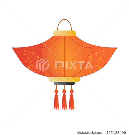 Chinese lantern in flat design. Traditional red paper lamp with tassels. Vector illustration isolated. 135127496