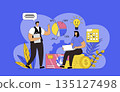 Financial management concept with modern flat design for web. Man and woman counting data and analyzing budget, inspecting statistics and banking reports, planning their finance. Vector illustration. 135127498
