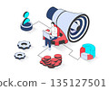 Marketing 3d isometric concept with isometry people design for web. Man with huge megaphone doing advertising campaign, analyzing audience information and making online promotion. Vector illustration. 135127501