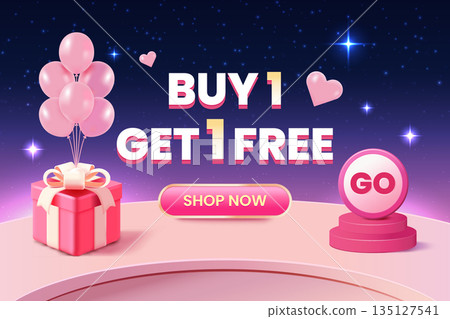 Buy 1 Get 1 Free Banner on Stage with Gift Box and Balloons Buy 1 Get 1 Free Banner on Stage with Gift Box and Balloons 135127541