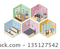 Modern agricultural 3d isometric rooms concept in isometry graphic design for web. People working in smart greenhouse and vertical growth farm, researching plants in laboratory. Vector illustration. 135127542
