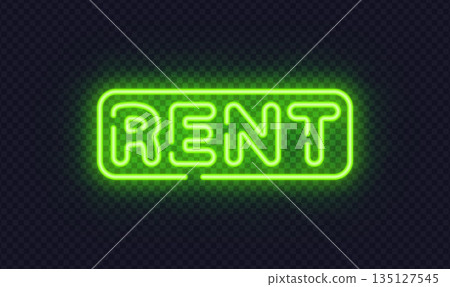 Green neon rent sign with rounded frame, created for real estate ads and property offers. Fresh glow signals availability and opportunity. Green neon rent sign with rounded frame, created for real estate ads and property offers. Fresh glow signals availability and opportunity. 135127545