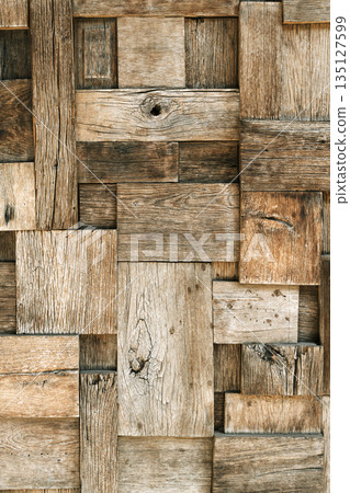 Rustic Reclaimed Wood Block Wall Texture Background 135127599