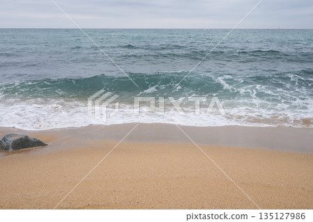 Tranquil beach scene with gentle waves and sandy shoreline under cloudy sky 135127986
