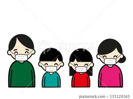 戴著口罩的亞裔四口之家笑容滿面 135128165