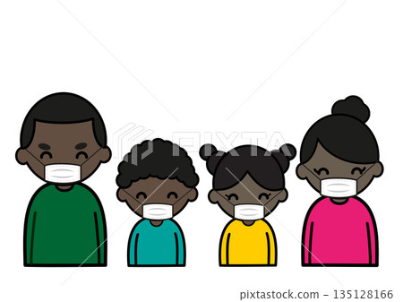 Smiling black family of four wearing masks Smiling black family of four wearing masks 135128166