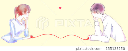 A man and woman facing each other, tied together by the red thread of fate, resting their chins on their hands A man and woman facing each other, tied together by the red thread of fate, resting their chins on their hands 135128250