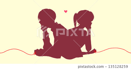 一男一女,被命運的紅線緊緊相連,背靠背,下巴擱在肩上,勾勒出剪影。 一男一女,被命運的紅線緊緊相連,背靠背,下巴擱在肩上,勾勒出剪影。 135128259