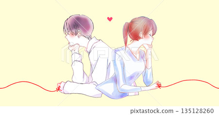 A man and woman tied together by the red thread of fate, back to back, resting their chins on their hands 135128260