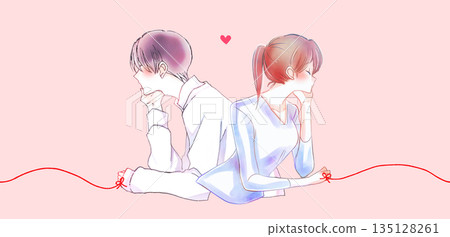 一男一女，被命運的紅線緊緊相連，背靠背，雙手托腮。 135128261