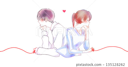 A man and woman tied together by the red thread of fate, back to back, resting their chins on their hands A man and woman tied together by the red thread of fate, back to back, resting their chins on their hands 135128262