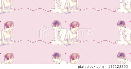 A man and woman tied together by the red thread of fate, back to back, chin resting, seamless A man and woman tied together by the red thread of fate, back to back, chin resting, seamless 135128263