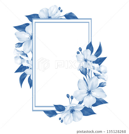 Isolated illustration of a hand-drawn rectangular frame decorated with elegant blue leaves and delicate white flowers. Minimalist botanical border design for wedding invitations or spring stationery, 135128268
