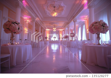 Luxurious Wedding Banquet Hall in Pink Light 135128277