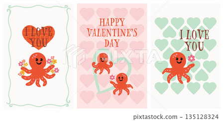 Cute octopus card design set for Valentine's Day 135128324