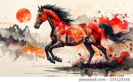 Silhouette of a wild horse running on a grunge background illustration 135128356
