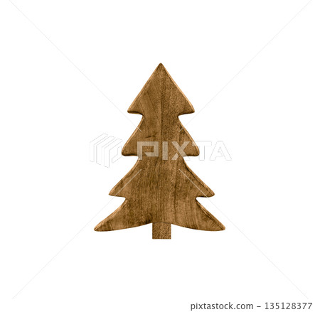 Wooden Christmas tree isolated on white background. Natural wood decorative tree shape with visible grain texture. Rustic minimal holiday element suitable for Christmas and New Year designs 135128377