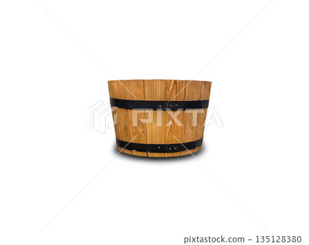 Wooden barrel planter isolated on white background. 135128380