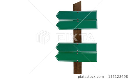 Green directional signpost with blank arrows isolated on white background Green directional signpost with blank arrows isolated on white background 135128498