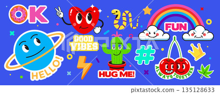 Modern Sticker label design on blue background of 80s Modern Sticker label design on blue background of 80s 135128633
