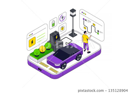 Modern Isometric Illustration design - Electric charging car Modern Isometric Illustration design - Electric charging car 135128904