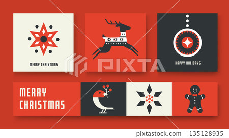 Simple Flat design Holiday Christmas card on red background 135128935