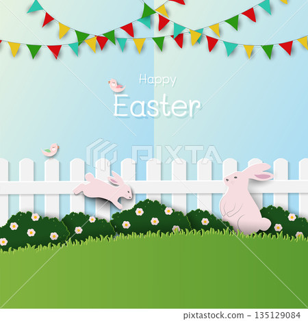 Easter nature background,celebrate theme with cute bunny on spring garden for banners,flyers,cards,social media or wallpapers 135129084
