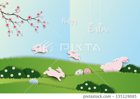 Easter background with cute rabbits happy on spring garden for banners,flyers,cards,social media or wallpaper Easter background with cute rabbits happy on spring garden for banners,flyers,cards,social media or wallpaper 135129085