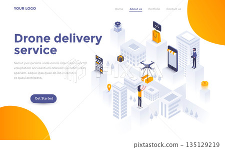 Flat color Modern Isometric Concept Illustration - Drone delivery Flat color Modern Isometric Concept Illustration - Drone delivery 135129219