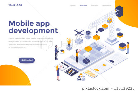 Flat color Modern Isometric Concept Illustration - Mobile app development Flat color Modern Isometric Concept Illustration - Mobile app development 135129223