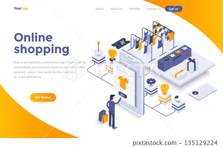Flat color Modern Isometric Concept Illustration - Online shopping Flat color Modern Isometric Concept Illustration - Online shopping 135129224