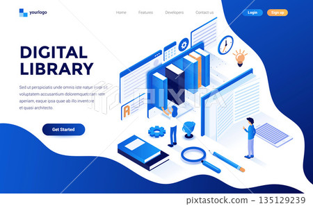 Flat color Modern Isometric Concept Illustration - Digital Library Flat color Modern Isometric Concept Illustration - Digital Library 135129239