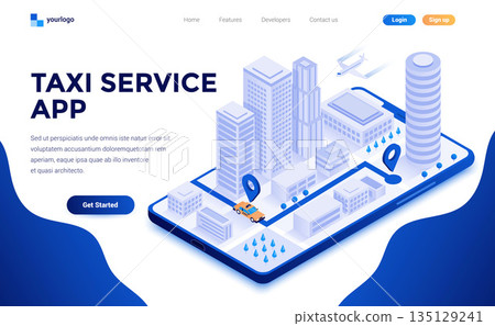Flat color Modern Isometric Concept Illustration - Taxi Service app 135129241
