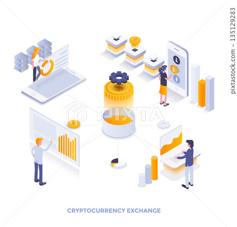 Flat color Modern Isometric Illustration design - Cryptocurrency exchange Flat color Modern Isometric Illustration design - Cryptocurrency exchange 135129283