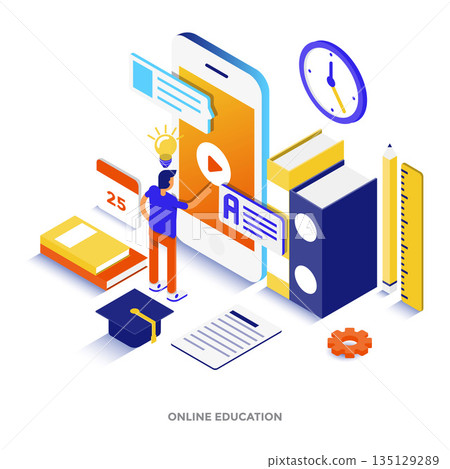 Flat color Modern Isometric Illustration - Online Education Flat color Modern Isometric Illustration - Online Education 135129289