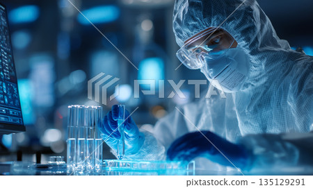 Scientist in protective gear conducting laboratory experiment with test tubes for medical research and biotechnology innovation concept Scientist in protective gear conducting laboratory experiment with test tubes for medical research and biotechnology innovation concept 135129291