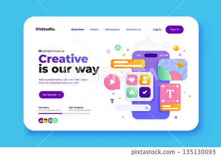 Modern 3d illustration of Light Landing page of App development Modern 3d illustration of Light Landing page of App development 135130093