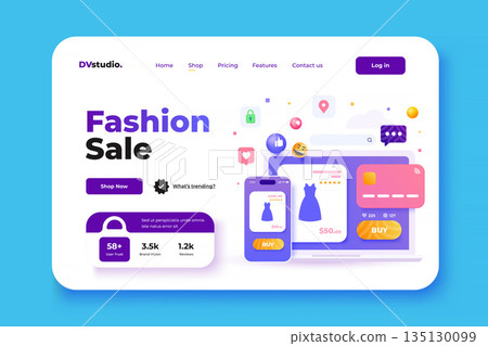 Modern 3d illustration of Light Landing page of Online Shopping 135130099