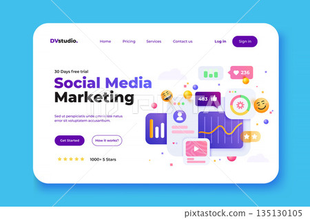 Modern 3d illustration of Light Landing page of Social Media Marketing 135130105