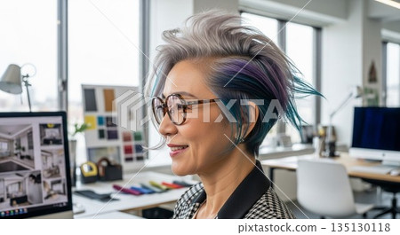 Portrait of a senior Japanese female designer: portrait taken at a design office Portrait of a senior Japanese female designer: portrait taken at a design office 135130118