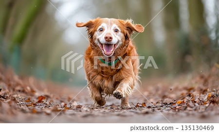 Happy Dog Running Joyfully Through Autumn Leaves in a Forest Pathway in Nature 135130469