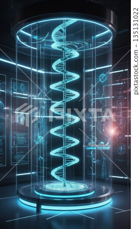 Vertical View of a Scientific Research Lab with a Large Glowing DNA Model 135131022