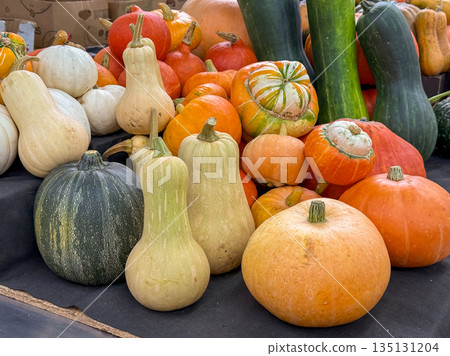 Variety of pumpkins displayed on a market stall, colorful autumn produce Variety of pumpkins displayed on a market stall, colorful autumn produce 135131204