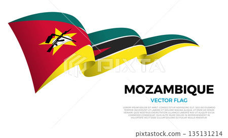 Flag of Mozambique. Mozambican and South African Culture. Shining flag with realistic shadows waving in three layers. The elegant curves and realistic shading create a sense of motion Flag of Mozambique. Mozambican and South African Culture. Shining flag with realistic shadows waving in three layers. The elegant curves and realistic shading create a sense of motion 135131214