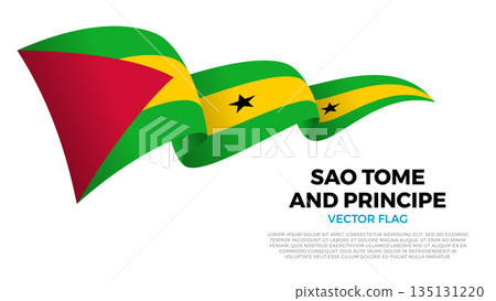 Flag of Sao Tome And Principe. Sao Tomean and African Culture. Shining flag with realistic shadows waving in three layers. The elegant curves and realistic shading create a sense of motion 135131220