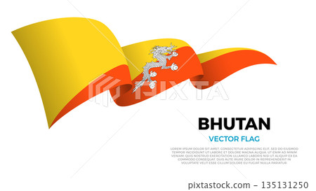 Flag of Bhutan. Bhutanese and Asian Culture. Shining flag with realistic shadows waving in three layers. The elegant curves and realistic shading create a sense of motion 135131250