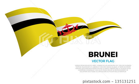 Flag of Brunei. Bruneian and Asian Culture. Shining flag with realistic shadows waving in three layers. The elegant curves and realistic shading create a sense of motion 135131251